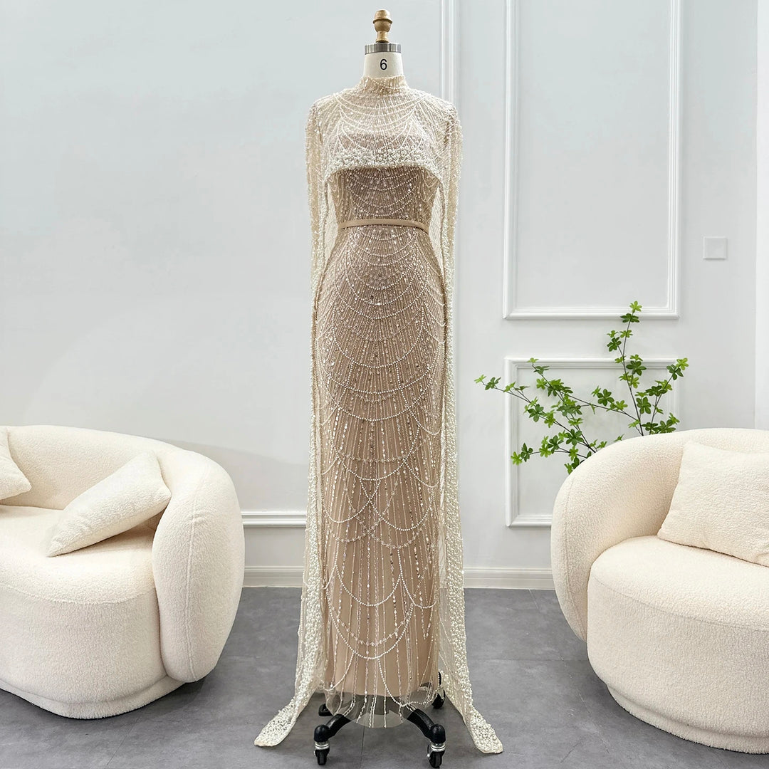 Luxury Pearls Champagne Evening Dresses with Cape SS369