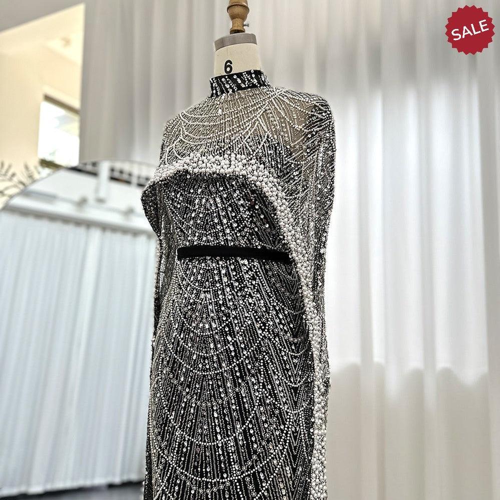 Luxury Pearls Champagne Evening Dresses with Cape SS369