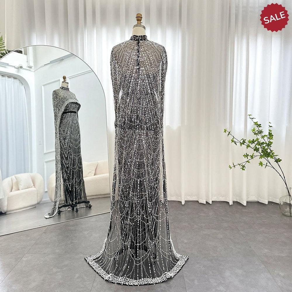 Luxury Pearls Champagne Evening Dresses with Cape SS369