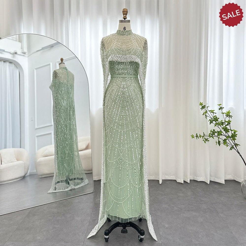 Luxury Pearls Champagne Evening Dresses with Cape SS369
