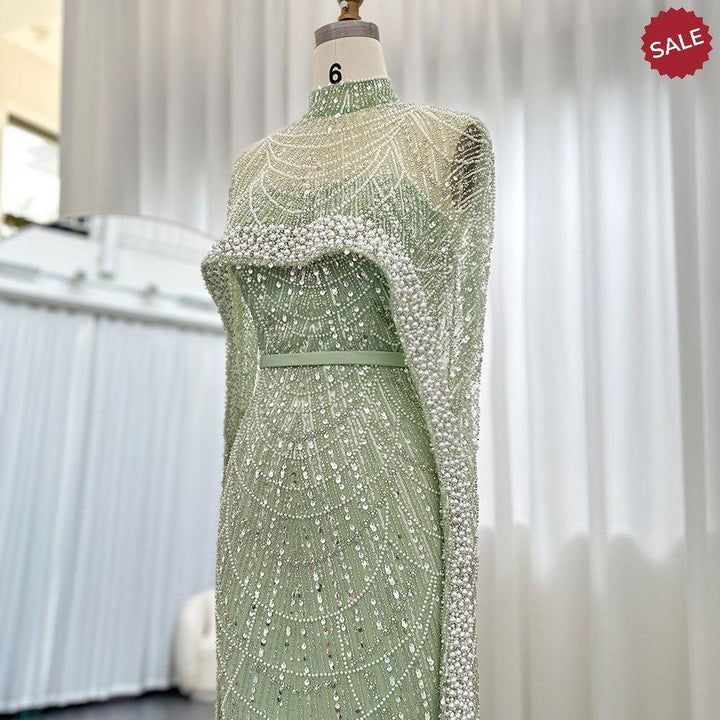 Luxury Pearls Champagne Evening Dresses with Cape SS369