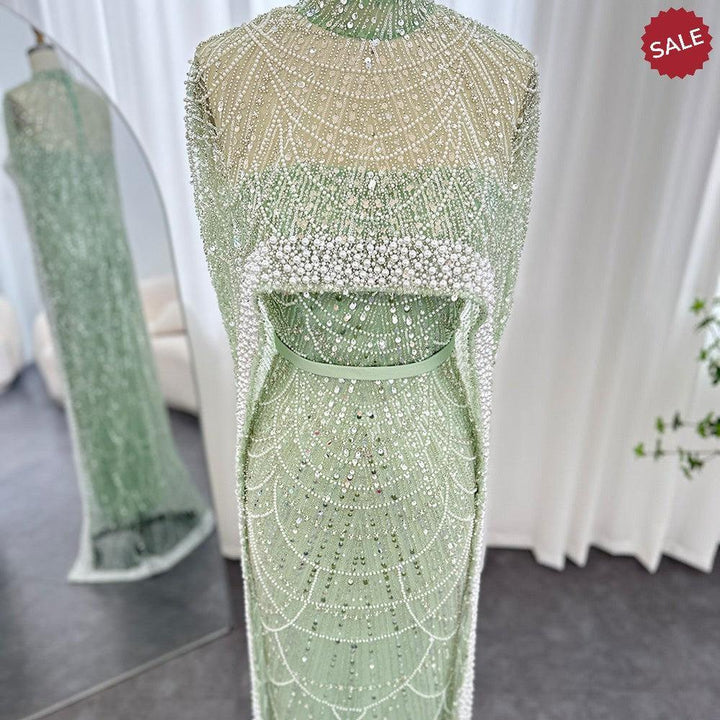Luxury Pearls Champagne Evening Dresses with Cape SS369