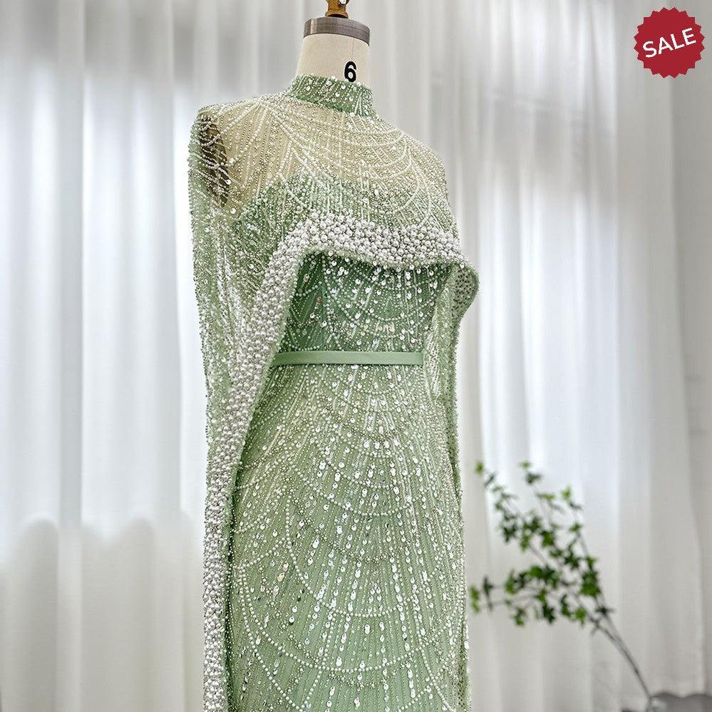 Luxury Pearls Champagne Evening Dresses with Cape SS369
