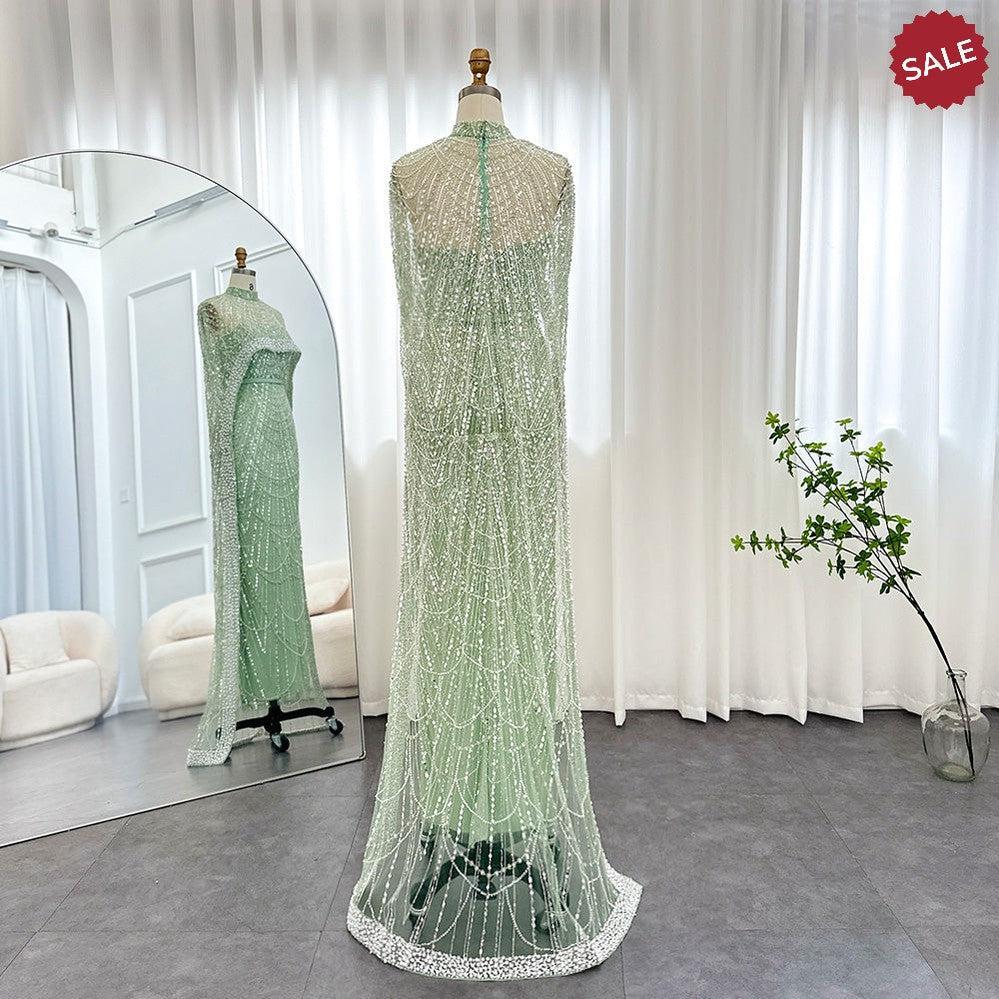 Luxury Pearls Champagne Evening Dresses with Cape SS369