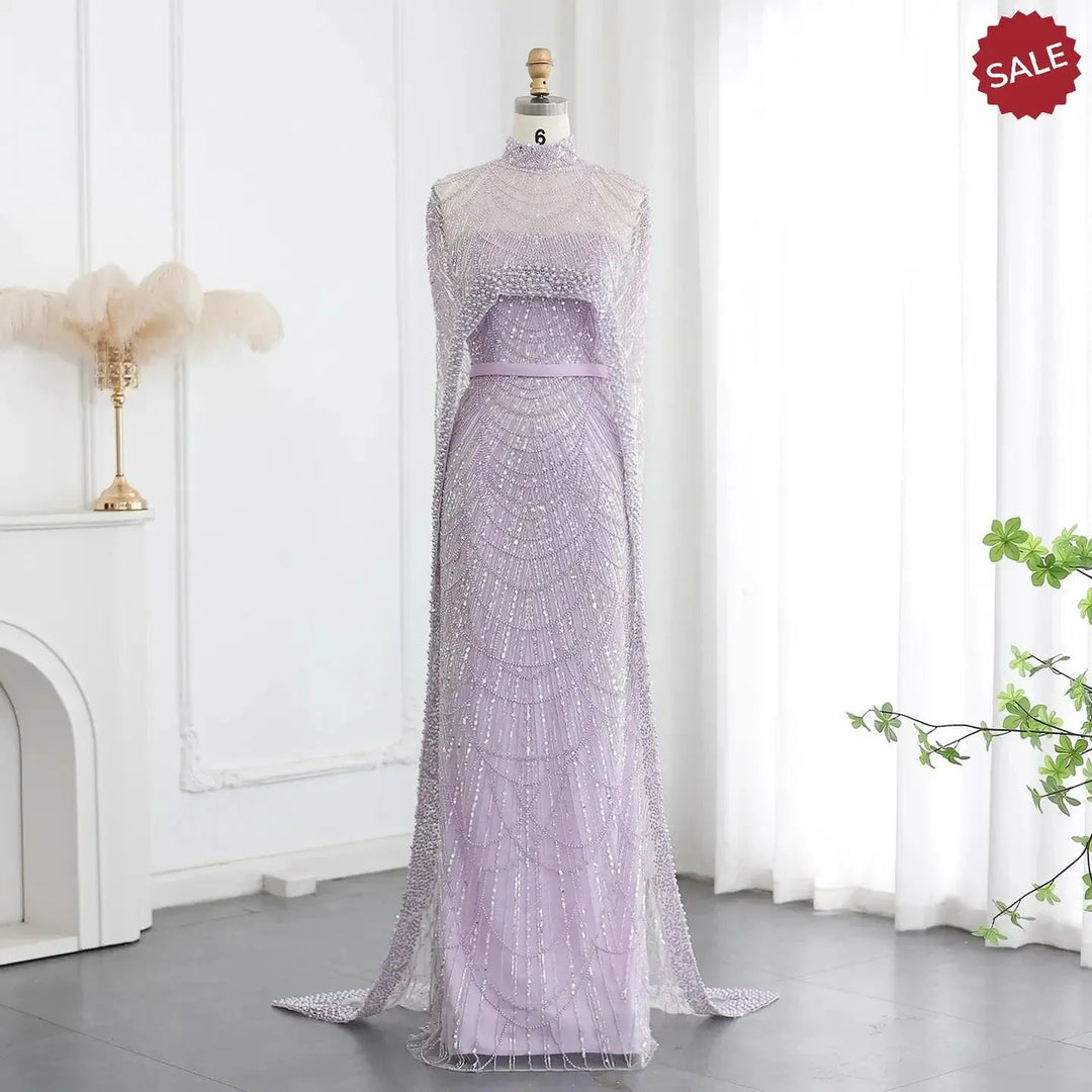 Luxury Pearls Champagne Evening Dresses with Cape SS369