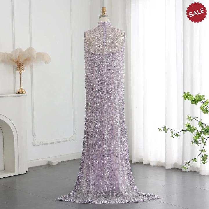 Luxury Pearls Champagne Evening Dresses with Cape SS369