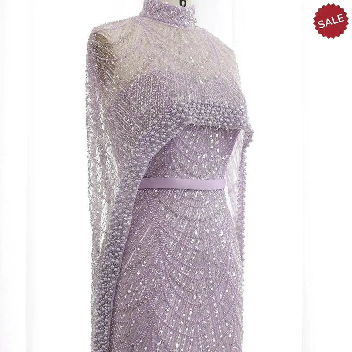 Luxury Pearls Champagne Evening Dresses with Cape SS369