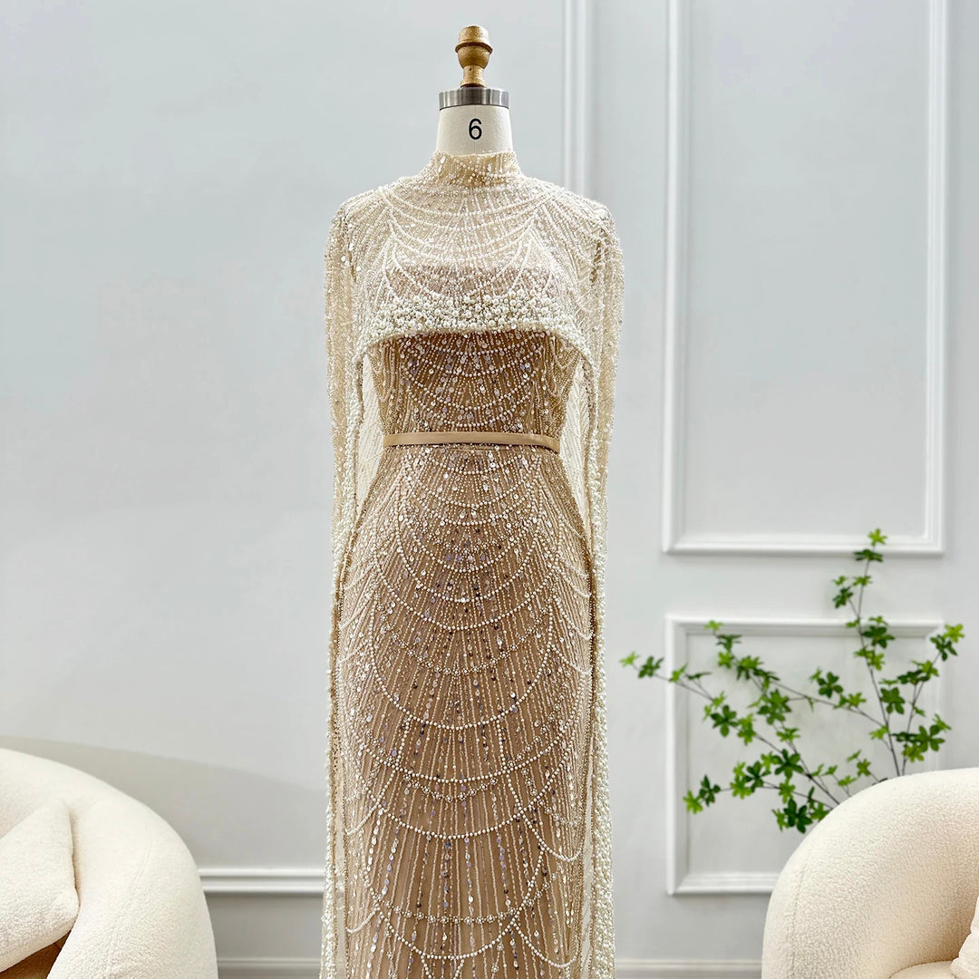 Luxury Pearls Champagne Evening Dresses New Women Mermaid Wedding Party Prom Dress – DreamyVow