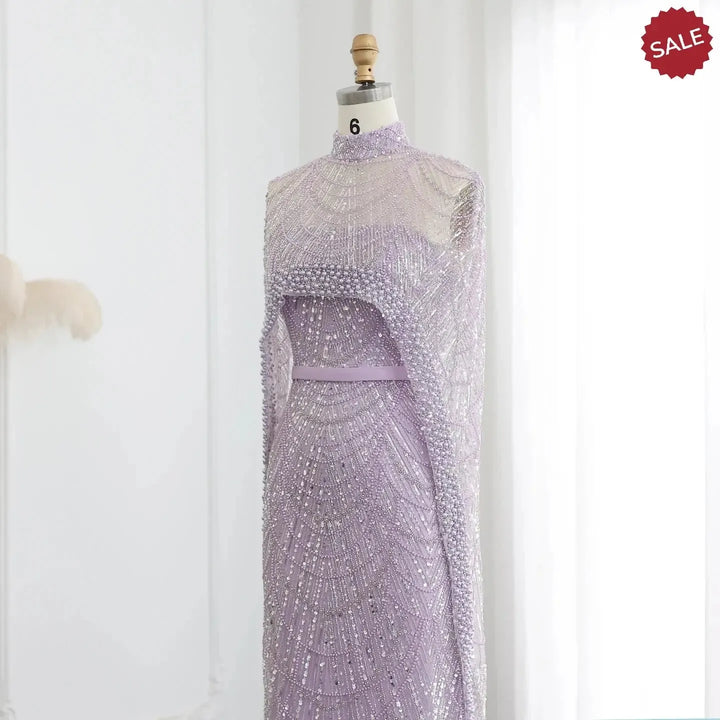 Luxury Pearls Champagne Evening Dresses with Cape SS369