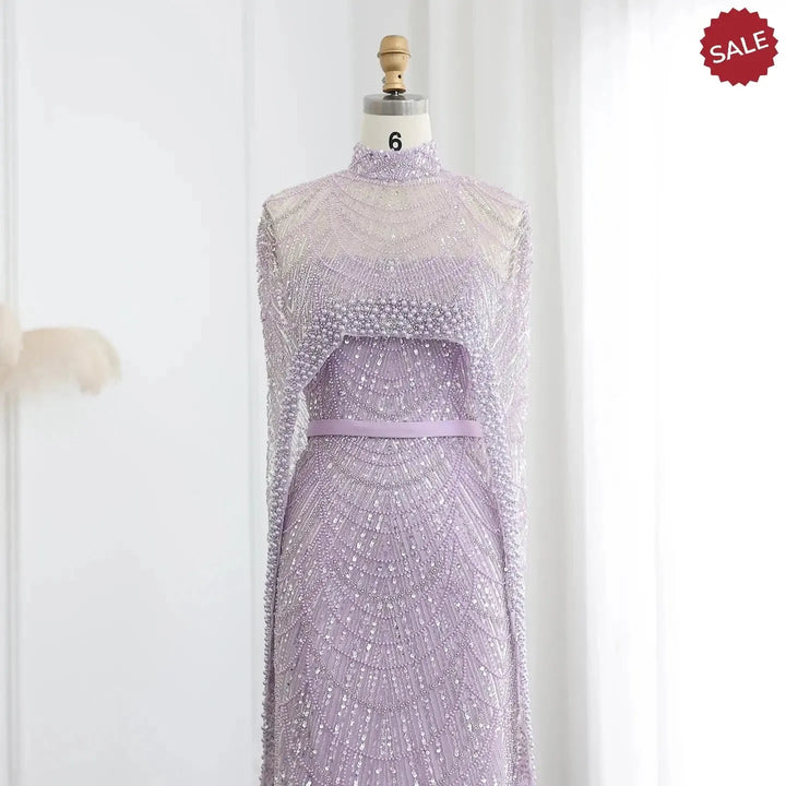 Luxury Pearls Champagne Evening Dresses with Cape SS369