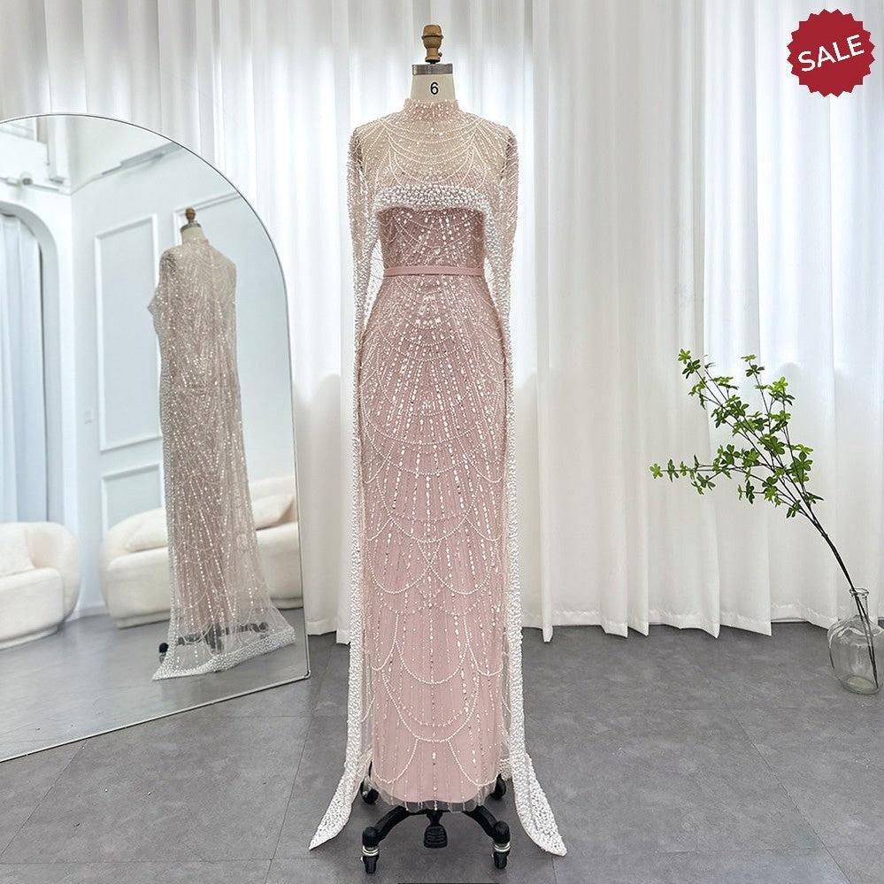 Luxury Pearls Champagne Evening Dresses with Cape SS369