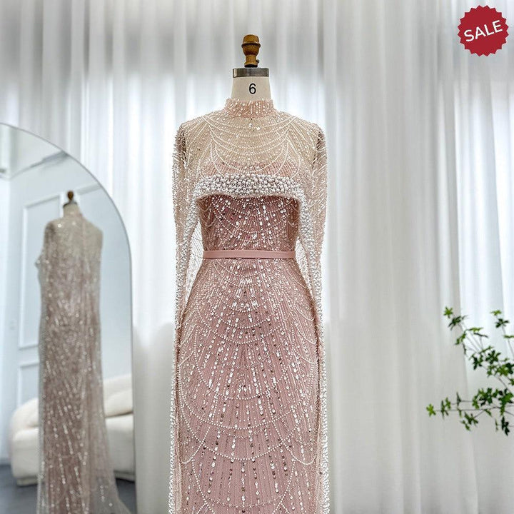 Luxury Pearls Champagne Evening Dresses with Cape SS369