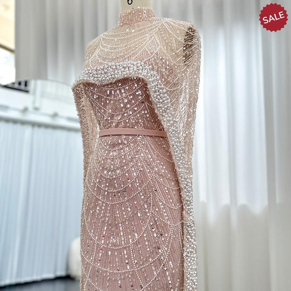 Luxury Pearls Champagne Evening Dresses with Cape SS369