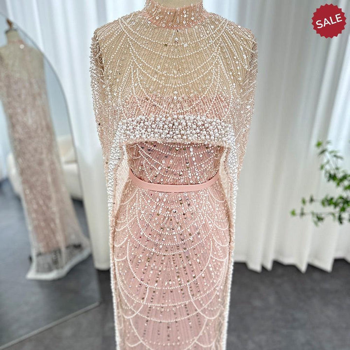 Luxury Pearls Champagne Evening Dresses with Cape SS369