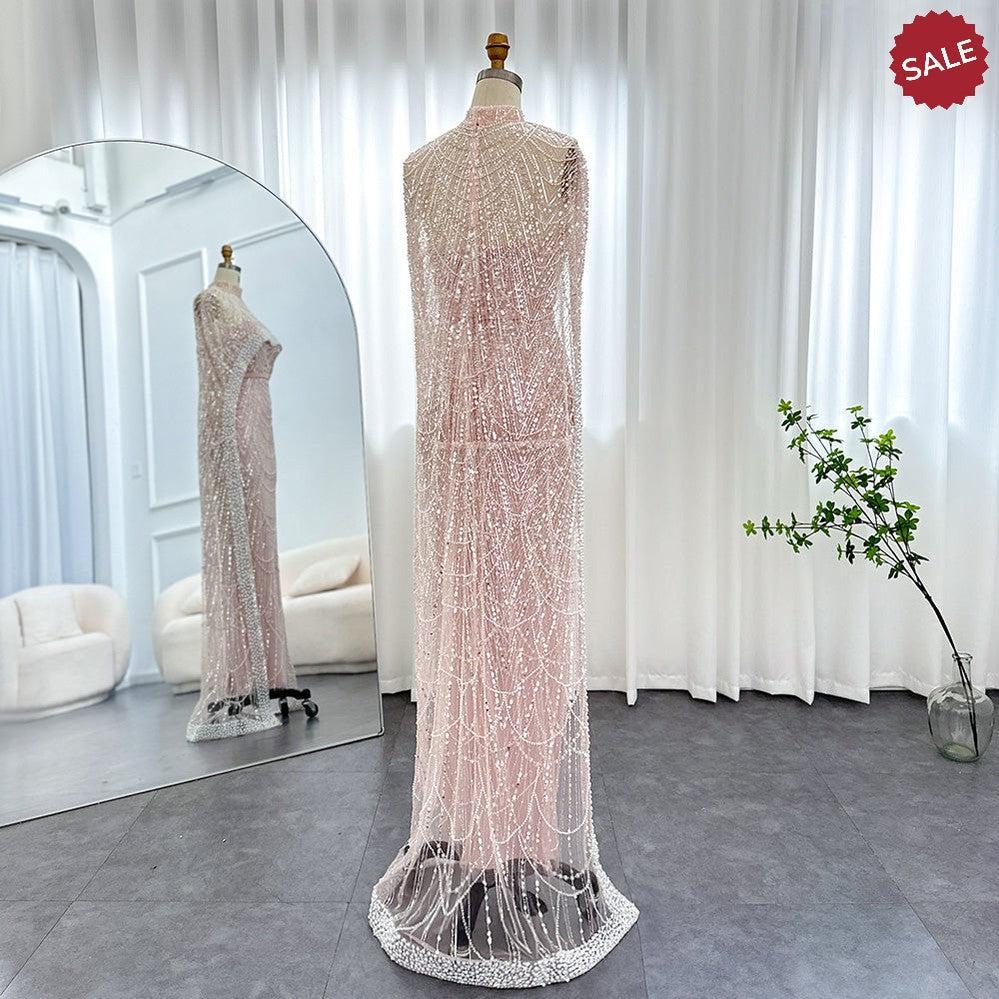 Luxury Pearls Champagne Evening Dresses with Cape SS369