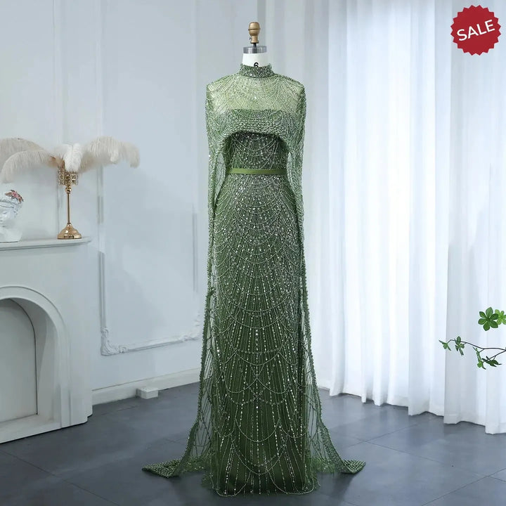 Luxury Pearls Champagne Evening Dresses with Cape SS369