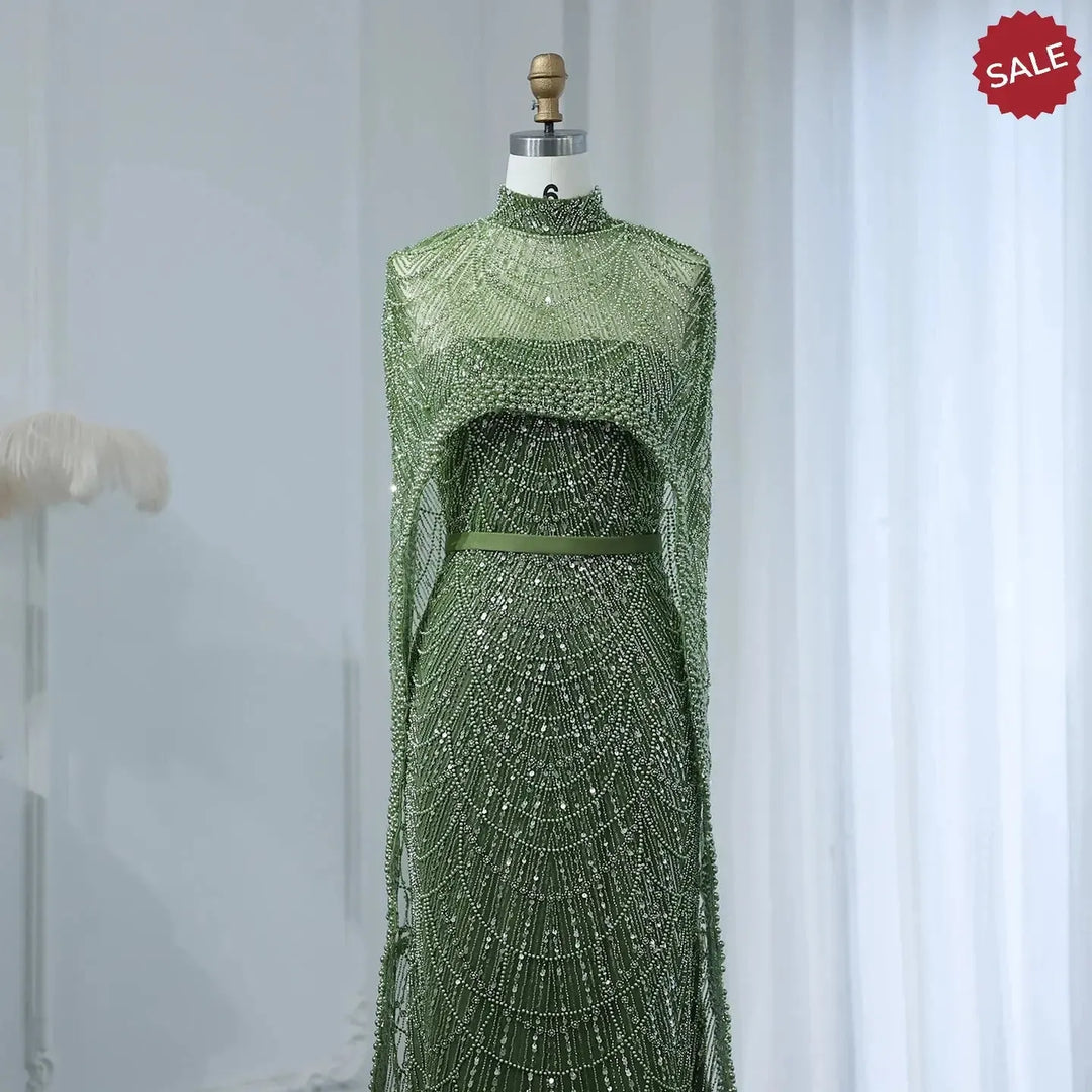 Luxury Pearls Champagne Evening Dresses with Cape SS369