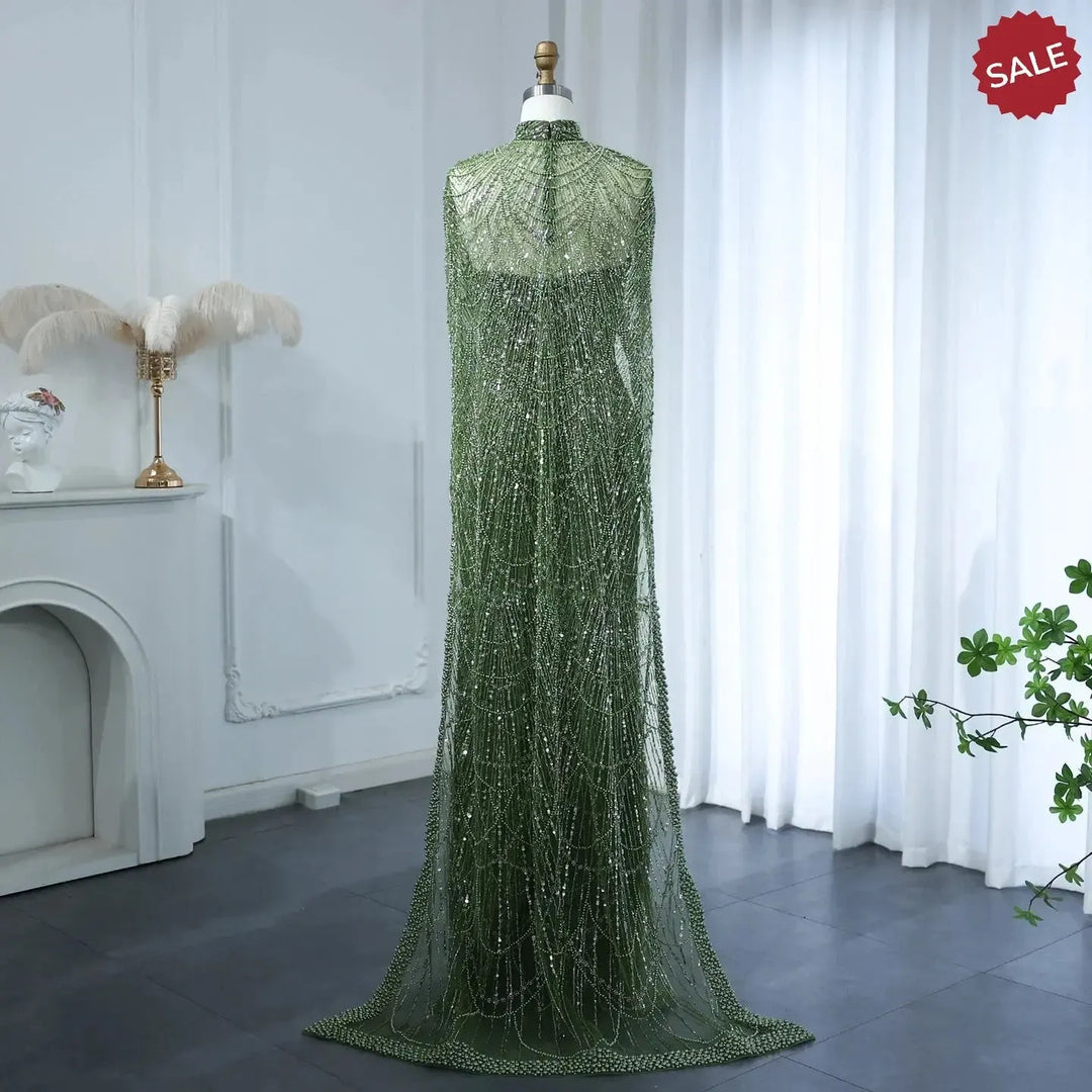 Luxury Pearls Champagne Evening Dresses with Cape SS369
