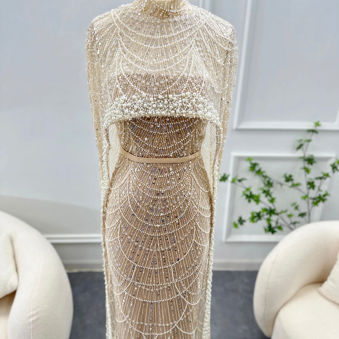 Luxury Pearls Champagne Evening Dresses with Cape SS369