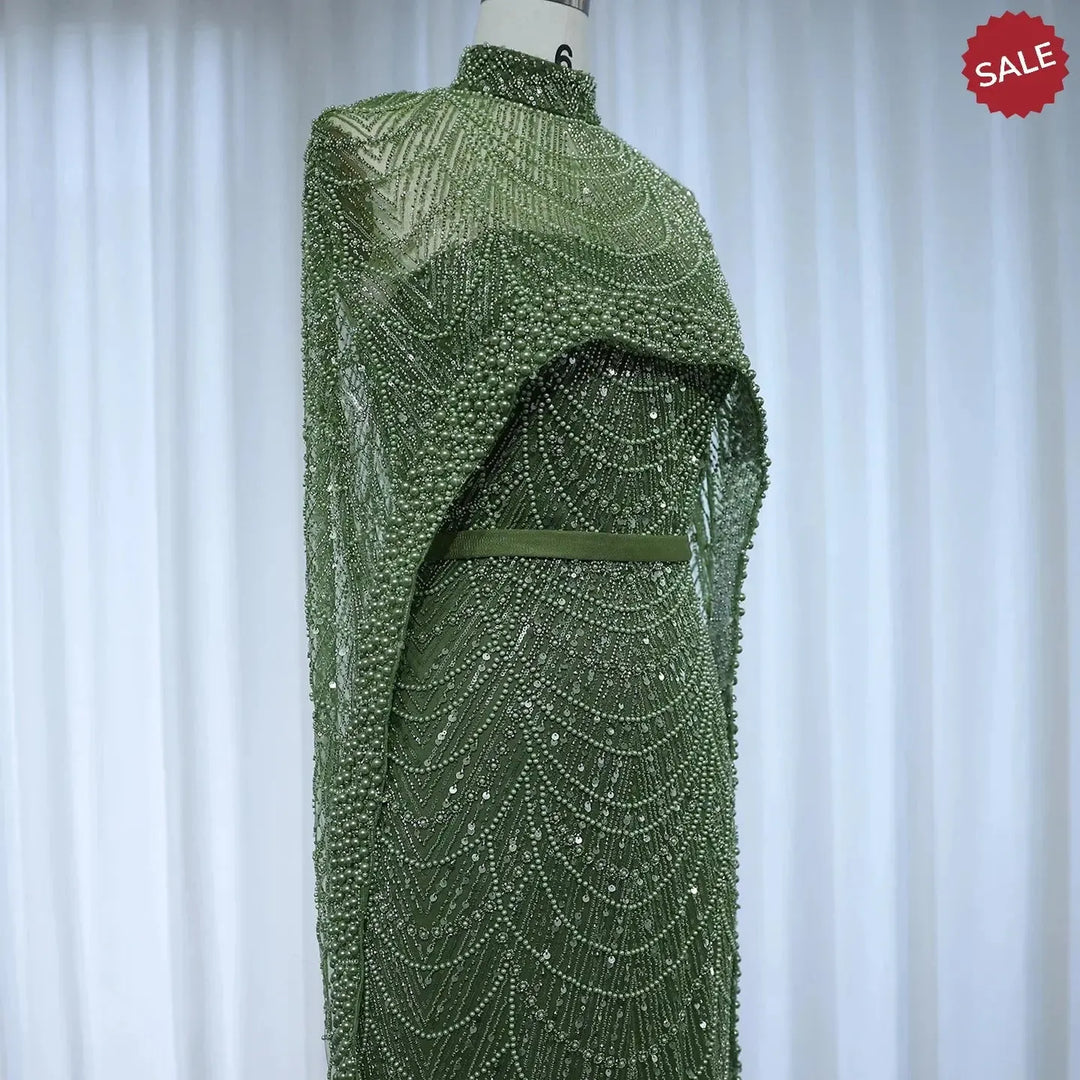 Luxury Pearls Champagne Evening Dresses with Cape SS369