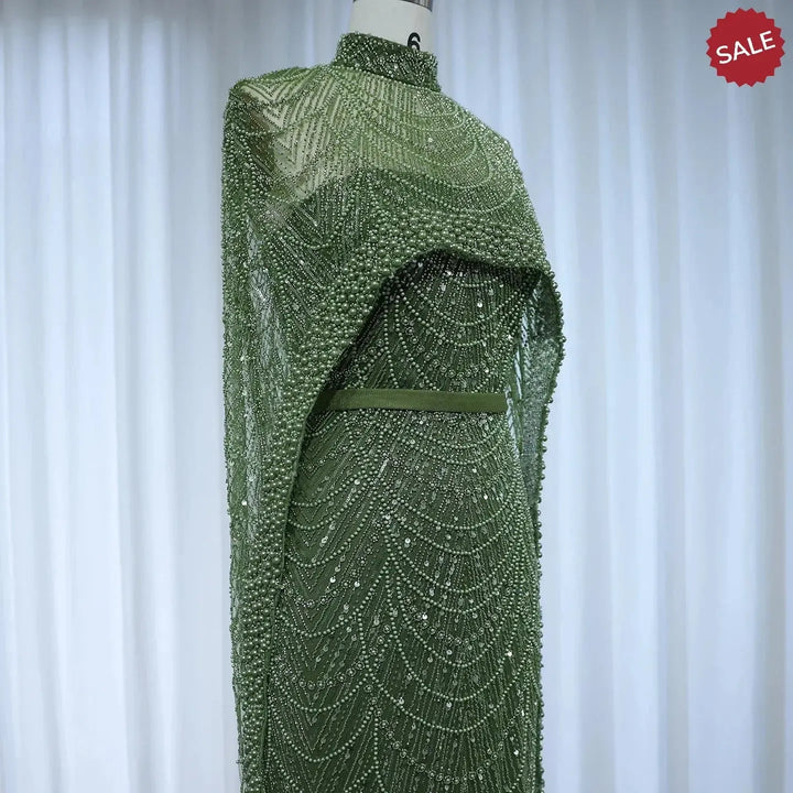 Luxury Pearls Champagne Evening Dresses with Cape SS369