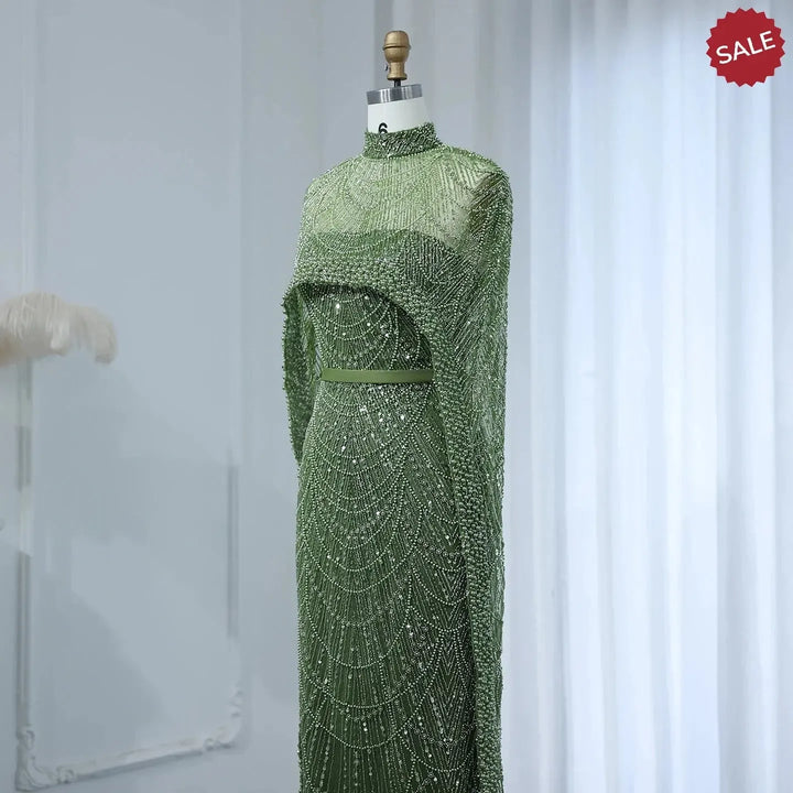 Luxury Pearls Champagne Evening Dresses with Cape SS369