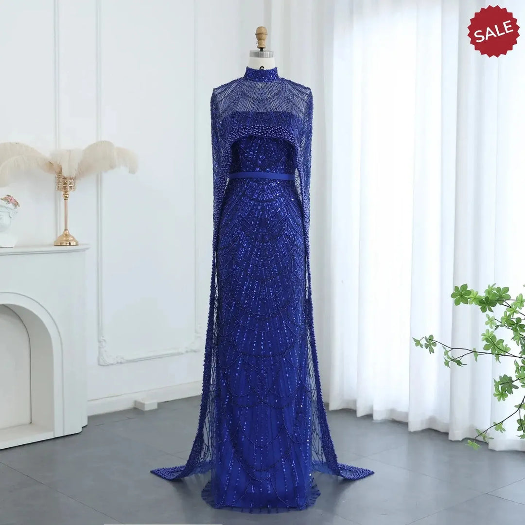 Luxury Pearls Champagne Evening Dresses with Cape SS369