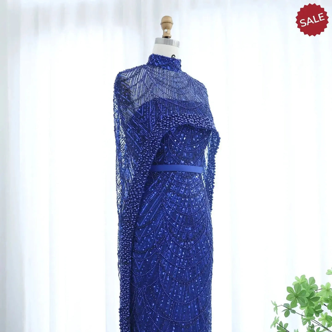 Luxury Pearls Champagne Evening Dresses with Cape SS369