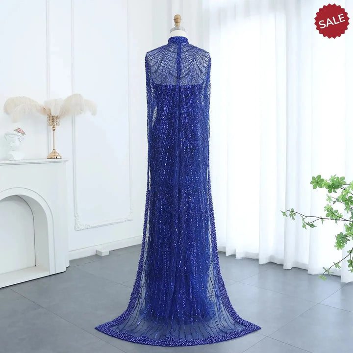 Luxury Pearls Champagne Evening Dresses with Cape SS369