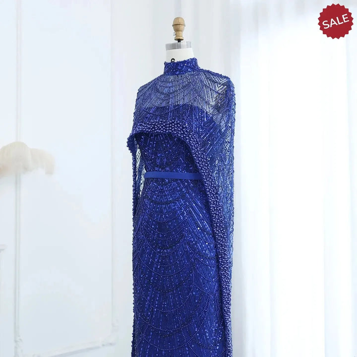 Luxury Pearls Champagne Evening Dresses with Cape SS369