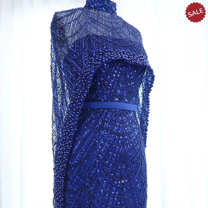 Luxury Pearls Champagne Evening Dresses with Cape SS369