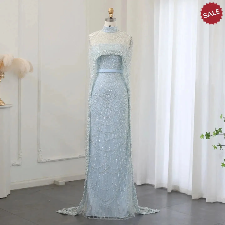 Luxury Pearls Champagne Evening Dresses with Cape SS369
