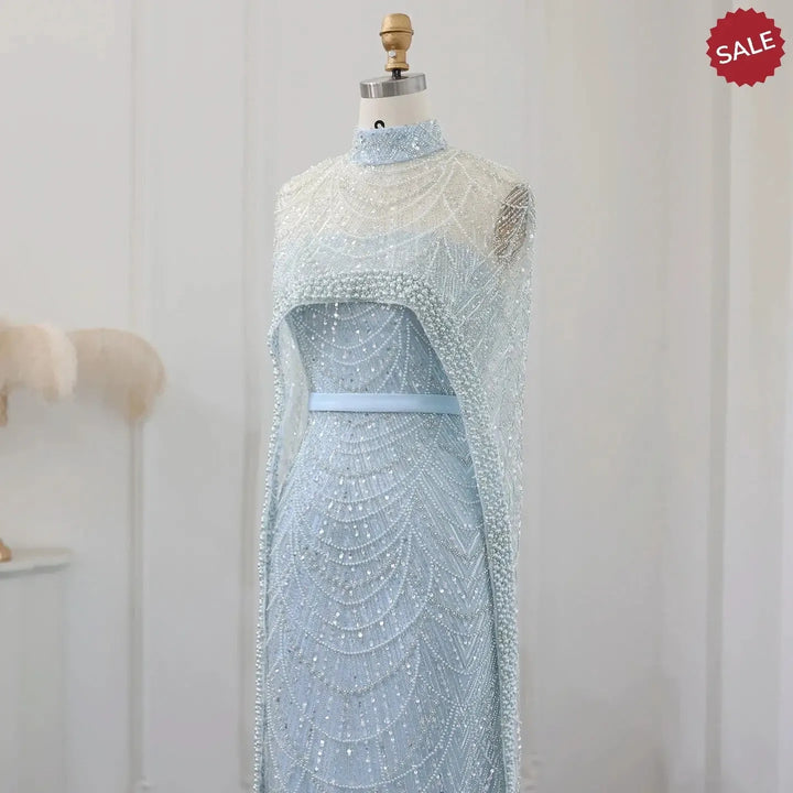 Luxury Pearls Champagne Evening Dresses with Cape SS369