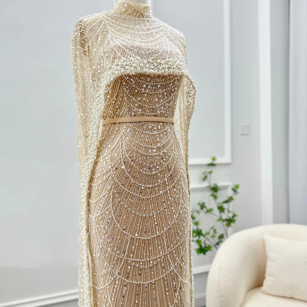 Luxury Pearls Champagne Evening Dresses with Cape SS369