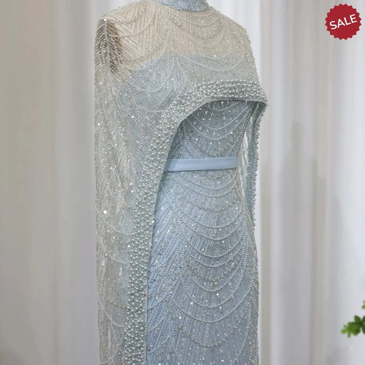 Luxury Pearls Champagne Evening Dresses with Cape SS369