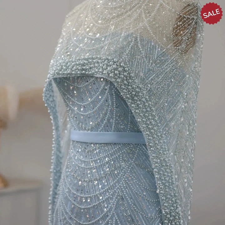 Luxury Pearls Champagne Evening Dresses with Cape SS369