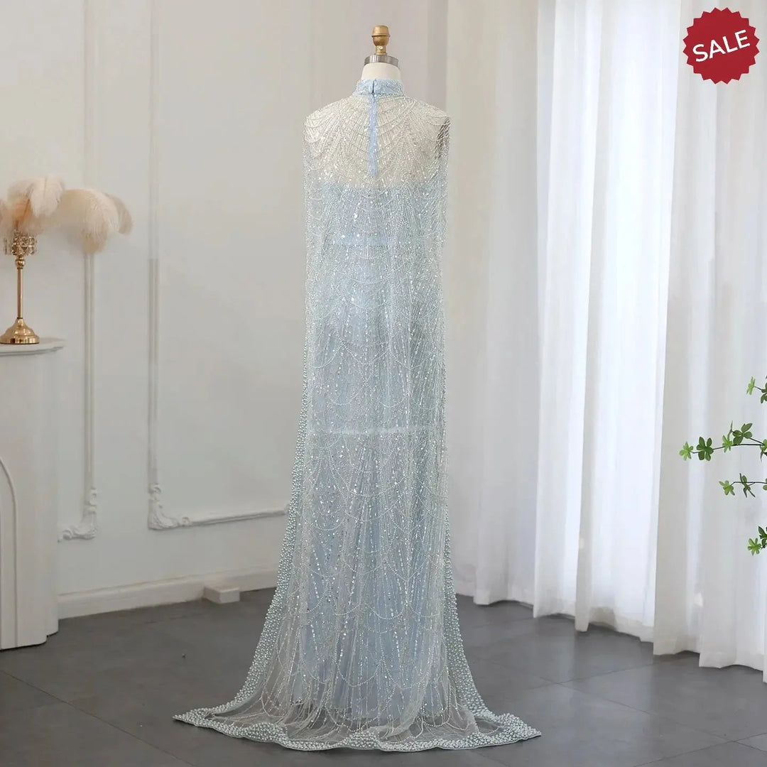 Luxury Pearls Champagne Evening Dresses with Cape SS369