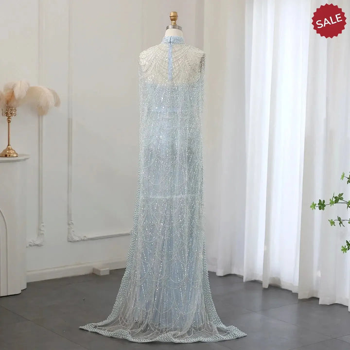 Luxury Pearls Champagne Evening Dresses with Cape SS369