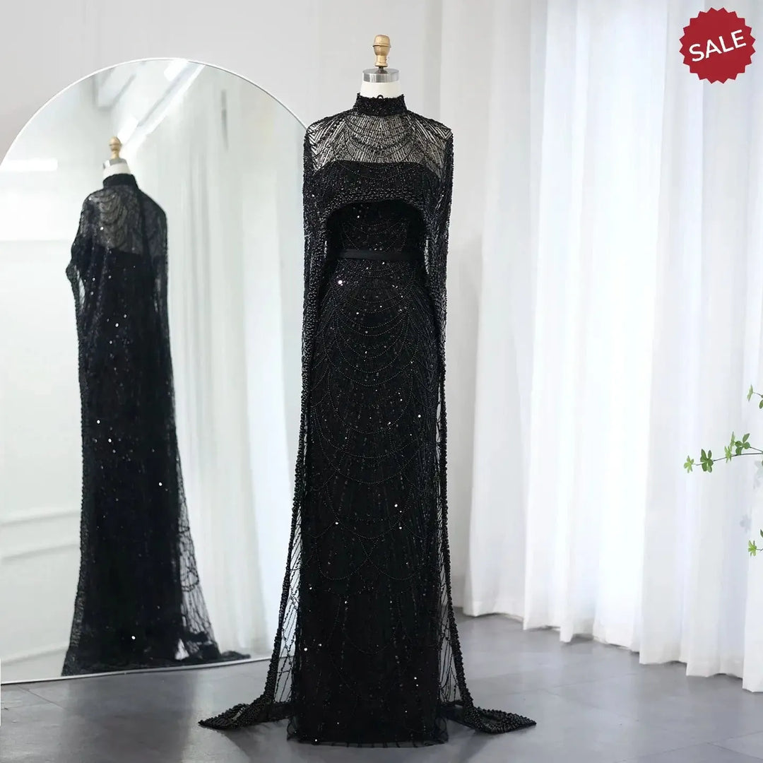 Luxury Pearls Champagne Evening Dresses with Cape SS369