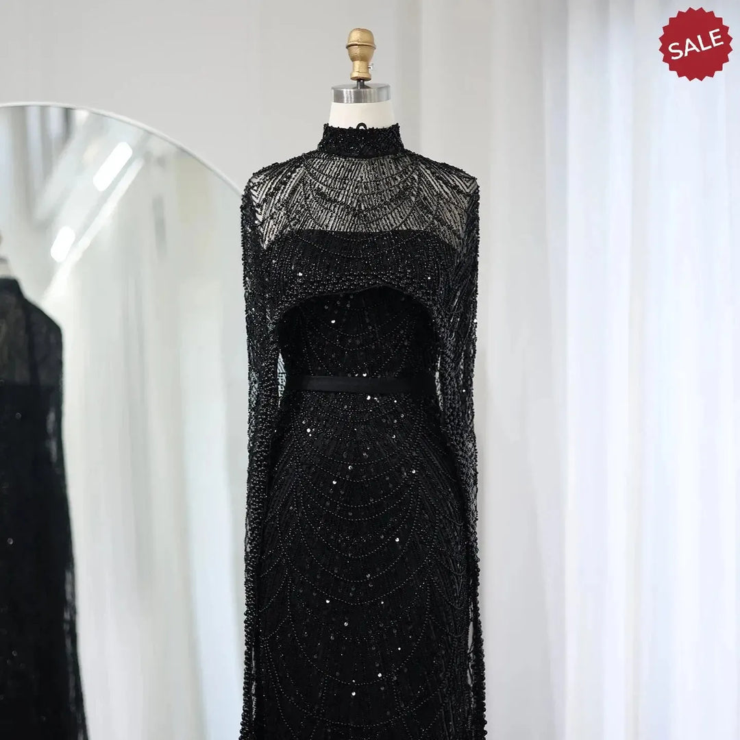Luxury Pearls Champagne Evening Dresses with Cape SS369