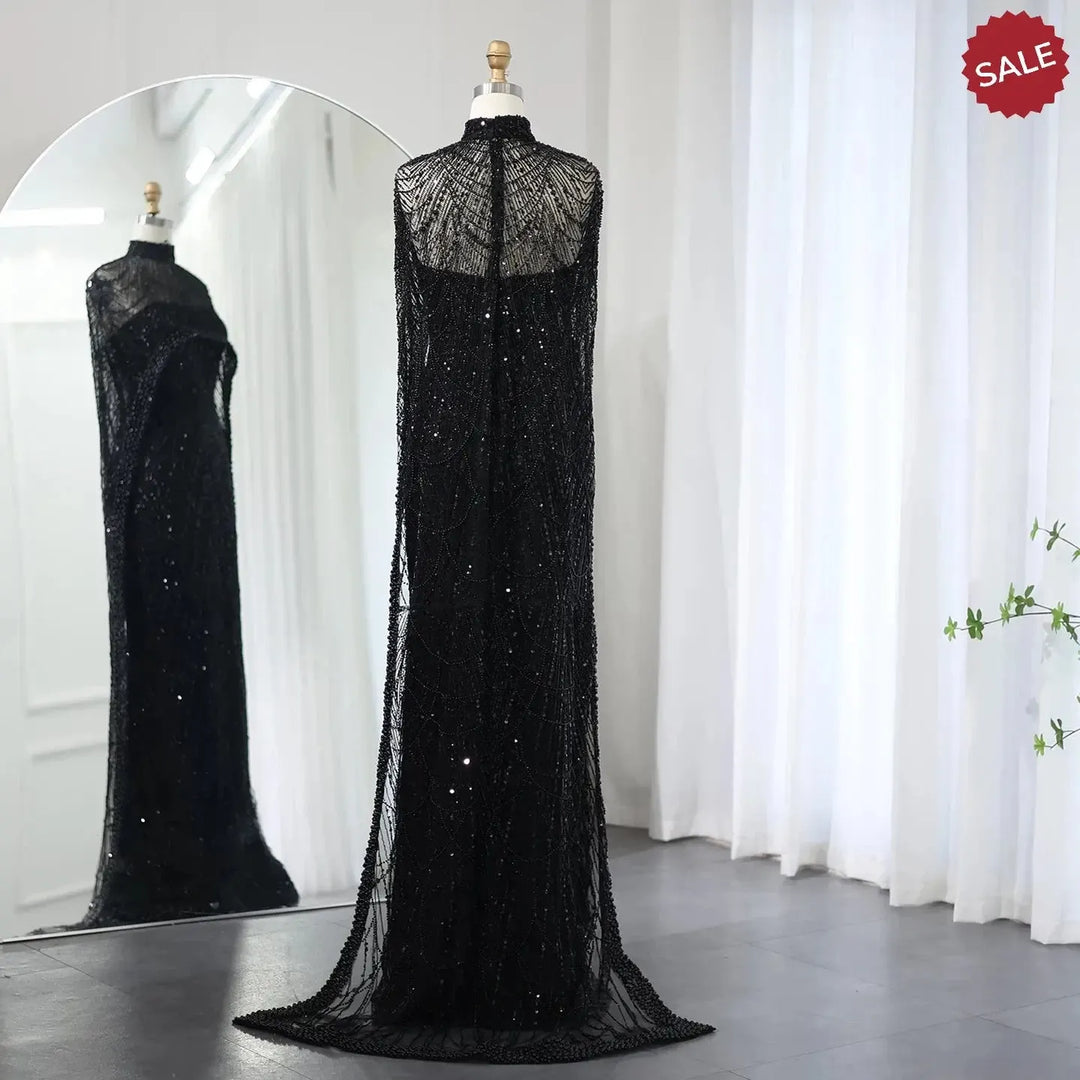 Luxury Pearls Champagne Evening Dresses with Cape SS369