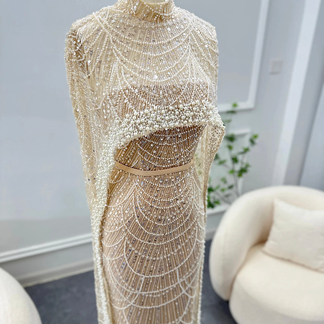 Luxury Pearls Champagne Evening Dresses with Cape SS369