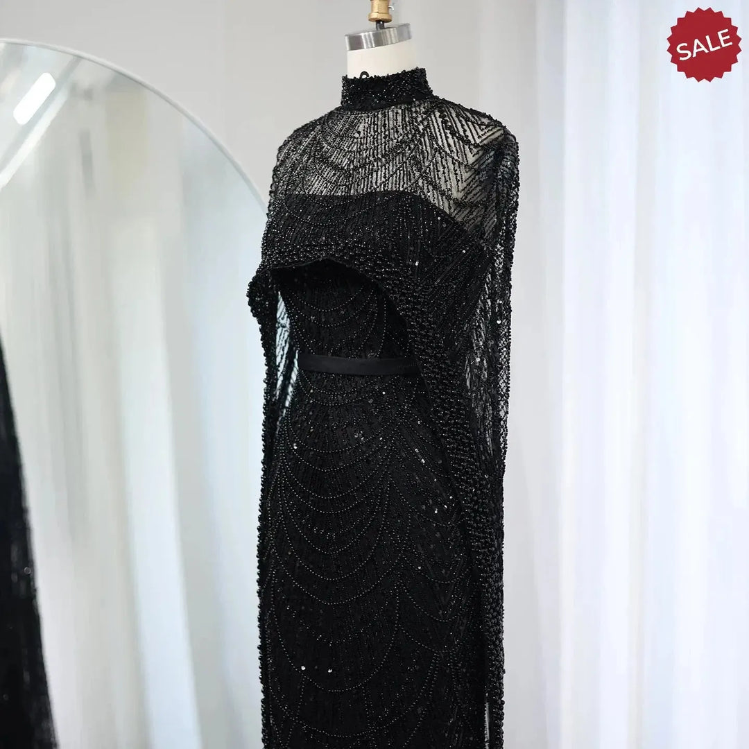 Luxury Pearls Champagne Evening Dresses with Cape SS369