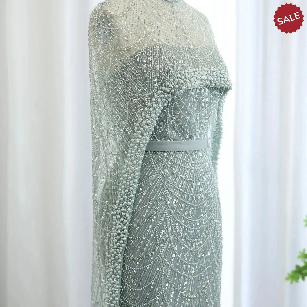 Luxury Pearls Champagne Evening Dresses with Cape SS369