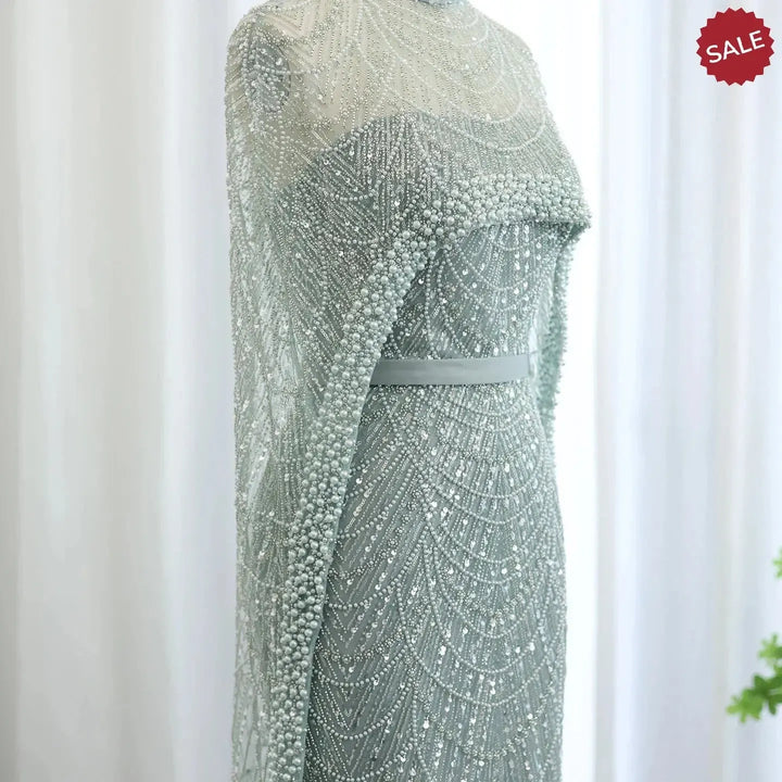Luxury Pearls Champagne Evening Dresses with Cape SS369