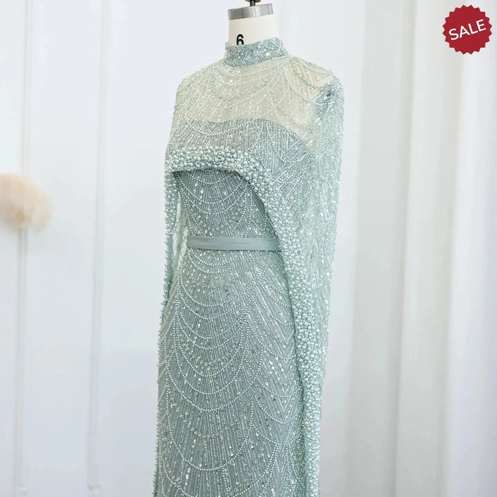 Luxury Pearls Champagne Evening Dresses with Cape SS369