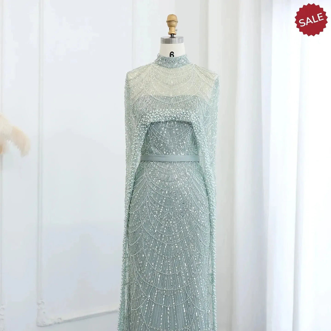 Luxury Pearls Champagne Evening Dresses with Cape SS369