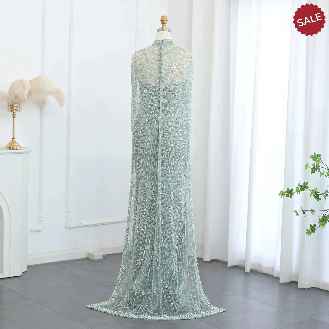 Luxury Pearls Champagne Evening Dresses with Cape SS369