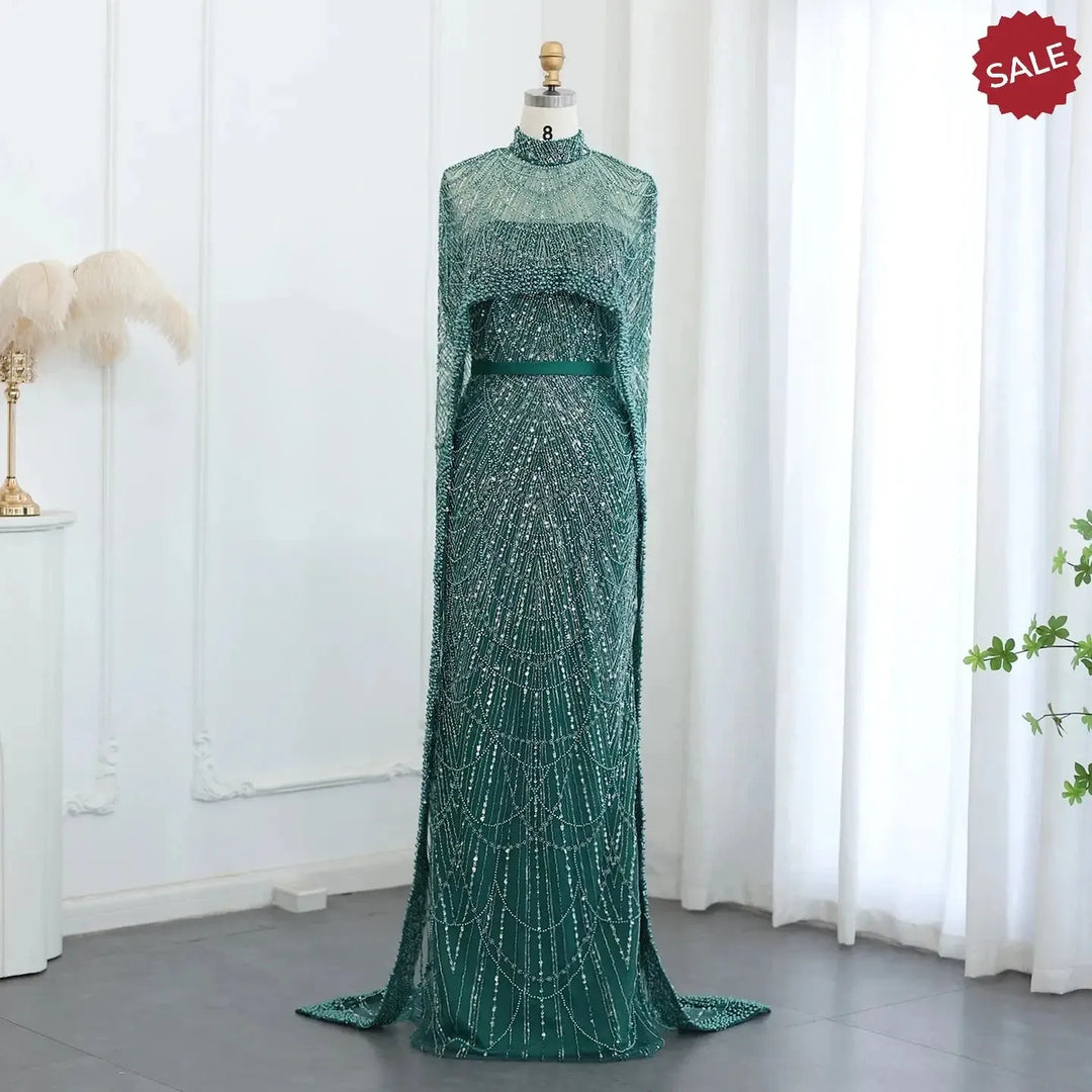 Luxury Pearls Champagne Evening Dresses with Cape SS369