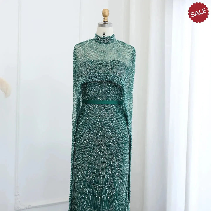 Luxury Pearls Champagne Evening Dresses with Cape SS369